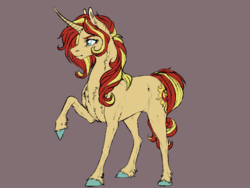 Size: 800x600 | Tagged: safe, artist:dementra369, sunset shimmer, pony, unicorn, g4, curved horn, female, horn, mare, raised hoof, simple background, solo