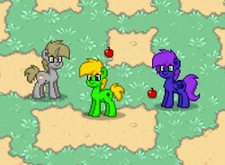 Size: 790x583 | Tagged: safe, artist:ramivic, oc, oc only, oc:broccoli stalk, oc:crescent song, oc:vanilla flan, pony, apple, food, pixel art