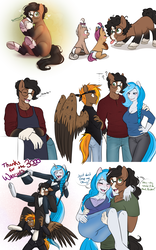 Size: 3500x5623 | Tagged: safe, artist:askbubblelee, oc, oc only, oc:bubble lee, oc:hazel nutt, oc:imago, oc:macadamia nutt, oc:singe, oc:walter nutt, earth pony, pegasus, pony, unicorn, anthro, unguligrade anthro, absurd resolution, anthro oc, anthro with ponies, carrying, close friends, clothes, cute, dialogue, drinking, female, friends, glasses, hat, height difference, male, mare, milestone, size difference, stallion, top hat, trio, tuxedo, unamused