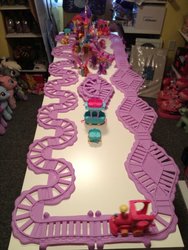 Size: 720x960 | Tagged: safe, artist:ramivic, derpy hooves, pinkie pie, rainbow dash, pony, g4, build-a-bear, canterlot, castle, collection, friendship express, irl, photo, plushie, toy, tracks, train
