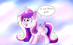 Size: 1024x644 | Tagged: safe, artist:theartistsora, princess cadance, pony, g4, ascension realm, blank flank, cute, cutedance, female, filly, happy, open mouth, princess celestia's special princess making dimension, smiling, solo, younger