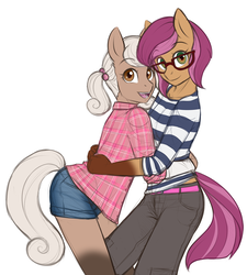 Size: 3500x3883 | Tagged: safe, artist:askbubblelee, oc, oc only, oc:hazel nutt, oc:macadamia nutt, earth pony, anthro, anthro oc, clothes, cute, female, fraternal twins, glasses, high res, looking at you, mare, pants, plaid shirt, shorts, simple background, sisters, smiling, twins, white background