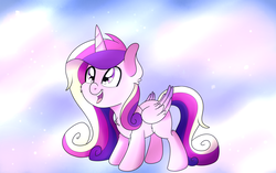 Size: 1024x644 | Tagged: safe, artist:theartistsora, princess cadance, alicorn, pony, g4, ascension realm, blank flank, cute, cutedance, female, filly, happy, open mouth, princess celestia's special princess making dimension, smiling, solo, younger