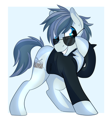 Size: 1024x1120 | Tagged: safe, artist:daydreamsyndrom, oc, oc only, oc:rhythm, earth pony, pony, clothes, grin, male, raised hoof, shirt, simple background, smiling, solo, stallion, sunglasses