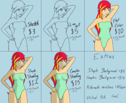 Size: 2200x1800 | Tagged: safe, artist:deltalima, sunset shimmer, equestria girls, g4, arm behind head, armpits, blue background, clothes, commission info, commission prices, female, one-piece swimsuit, simple background, solo, swimsuit