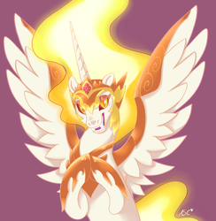 Size: 1280x1313 | Tagged: safe, artist:mlpfwb, daybreaker, alicorn, pony, a royal problem, g4, fangs, female, helmet, mane of fire, mare, open mouth, purple background, simple background, smiling, solo, spread wings, wings