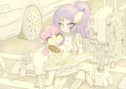 Size: 2530x1791 | Tagged: safe, artist:sigpi, rarity, sweetie belle, unicorn, anthro, g4, boots, ear fluff, ear piercing, earring, electric piano, female, filly, horn, horn piercing, jewelry, keyboard, keytar, mare, musical instrument, no pupils, partial color, piercing, ponytail, sisters, tattoo