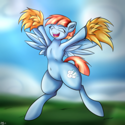 Size: 1600x1600 | Tagged: safe, artist:novaspark, windy whistles, pegasus, pony, semi-anthro, g4, armpits, belly button, cheering, female, pom pom, smiling, solo, spread wings, wings
