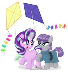 Size: 2000x2136 | Tagged: safe, artist:aleximusprime, maud pie, starlight glimmer, earth pony, pony, unicorn, g4, rock solid friendship, clothes, cute, duo, female, glimmerbetes, glowing horn, high res, horn, kite, magic, mare, simple background, smiling, transparent background, when she smiles
