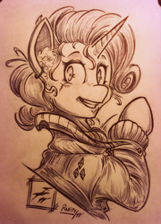 Size: 2471x3435 | Tagged: safe, artist:tamikimaru, rarity, pony, g4, clothes, ear fluff, female, grin, high res, jacket, looking at you, looking back, looking back at you, monochrome, sketch, smiling, solo, traditional art, waving