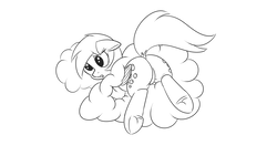 Size: 1280x720 | Tagged: safe, artist:andelai, derpy hooves, pony, g4, black and white, butt, buttstuck, cloud, dock, female, grayscale, monochrome, plot, simple background, sketch, solo, stuck, stuck in a cloud, underhoof, white background