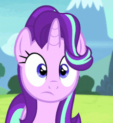 Size: 500x540 | Tagged: safe, edit, edited screencap, screencap, starlight glimmer, pony, unicorn, g4, rock solid friendship, animated, awkward, caption, cropped, feelings, female, frown, gesture, gif, head shake, meadow, mountain, nice try, relatable, sky, smiling, solo, text, tree
