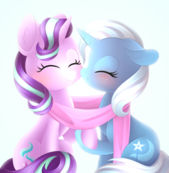 Size: 2380x2432 | Tagged: safe, artist:scarlet-spectrum, starlight glimmer, trixie, pony, unicorn, g4, blushing, clothes, cute, diatrixes, eyes closed, female, floppy ears, glimmerbetes, high res, lesbian, mare, scarf, ship:startrix, shipping, smiling
