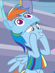 Size: 816x1080 | Tagged: safe, screencap, bow hothoof, ponet, rainbow dash, spring melody, sprinkle medley, windy whistles, pegasus, pony, g4, parental glideance, season 7, animated, clothes, costume, cropped, cute, dressed up, excited, female, gif, invisible stallion, lip bite, mare, offscreen character, out of context, rainbow dash costume, squishy cheeks, windybetes