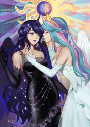 Size: 2480x3508 | Tagged: safe, artist:momori, princess celestia, princess luna, human, g4, bare shoulders, beautiful, black dress, black wings, blue lipstick, choker, clothes, dress, duo, duo female, evening gloves, eyes closed, female, gloves, high res, horn, horned humanization, horns are touching, humanized, incest, jewelry, lesbian, lipstick, long gloves, long hair, looking at each other, looking at someone, makeup, royal sisters, ship:princest, shipping, siblings, sisters, smiling, white dress, white wings, winged humanization, wings