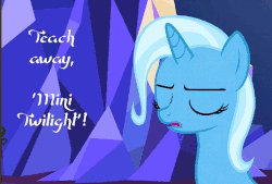 Size: 800x540 | Tagged: safe, edit, edited screencap, screencap, starlight glimmer, trixie, pony, unicorn, all bottled up, animated, caption, cropped, crystal, door, female, frown, gif, glare, grumpy, mare, mini twilight, smiling, smirk, teasing, text, twilight's castle