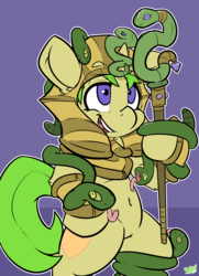 Size: 1280x1768 | Tagged: safe, artist:bbsartboutique, oc, oc only, oc:golden heart, snake, semi-anthro, armor, belly button, pharaoh, purple background, scepter, simple background, smiling, solo
