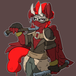 Size: 1280x1280 | Tagged: safe, artist:bbsartboutique, oc, oc only, oc:storm flare, goo pony, original species, anthro, anthro oc, axe, berserker, brown background, clothes, for honor, horns, mask, simple background, solo, weapon
