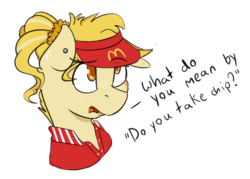 Size: 487x349 | Tagged: safe, artist:beardie, oc, oc only, oc:curly fry, pony, bust, colored pupils, dialogue, female, freckles, mare, mcdonald's, portrait, simple background, solo, text, white background