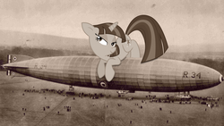 Size: 1920x1081 | Tagged: safe, artist:germanbeez, twilight sparkle, human, pony, g4, airship, giant pony, irl, irl human, macro, mega twilight sparkle, photo, ponies in real life, sepia, zeppelin