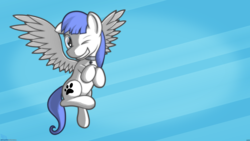 Size: 3200x1800 | Tagged: safe, artist:bluesparkks, oc, oc only, oc:snow pup, pegasus, pony, abstract background, collar, female, mare, one eye closed, pet tag, solo, wallpaper, wink