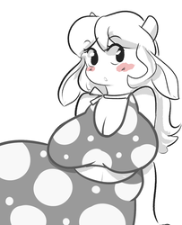 Size: 975x1203 | Tagged: safe, artist:mt, oc, oc only, oc:petunia, satyr, big breasts, breasts, female, grayscale, huge breasts, monochrome, offspring, parent:daisy jo, partial color, simple background, solo, white background
