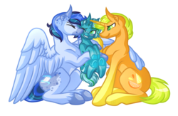 Size: 4850x3169 | Tagged: safe, artist:amazing-artsong, oc, oc only, oc:blue razzberry, oc:citrus tang, oc:feather light, pegasus, pony, unicorn, eyes closed, gay, grin, high res, horn, looking at each other, magical gay spawn, male, oc x oc, offspring, one eye closed, pegasus oc, shipping, simple background, smiling, smiling at each other, stallion, transparent background, unicorn oc