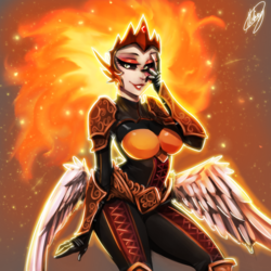 Size: 1000x1000 | Tagged: safe, artist:xxmarkingxx, daybreaker, human, a royal problem, g4, armor, big breasts, breasts, busty daybreaker, butt wings, female, fire, humanized, lipstick, mane of fire, solo, winged humanization, wings