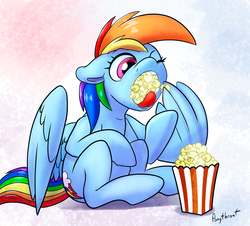 Size: 900x813 | Tagged: safe, artist:php187, edit, rainbow dash, pony, g4, eating, female, food, food baby, open mouth, partially open wings, popcorn, questionable source, sfw edit, solo, stuffing, wing hands, wing hold, wings