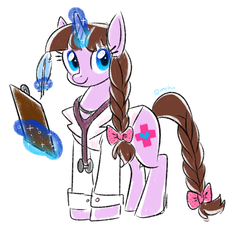 Size: 4056x3647 | Tagged: safe, artist:kaikururu, oc, oc only, pony, bow, braid, braided tail, clipboard, doctor, hair bow, high res, magic, quill, simple background, solo, stethoscope, tail bow, white background