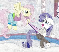 Size: 900x791 | Tagged: safe, artist:wjmmovieman, fluttershy, rarity, pegasus, pony, unicorn, g4, abuse, assisted exposure, checkered underwear, clothes, female, flutterbitch, out of character, pain, panties, panty pull, prank, raribuse, traditional art, underwear, wedgie