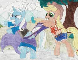 Size: 1024x787 | Tagged: source needed, safe, artist:wjmmovieman, applejack, trixie, earth pony, pony, unicorn, g4, abuse, assisted exposure, belly button, blue underwear, clothes, daisy dukes, female, frilly underwear, front knot midriff, humiliation, mare, midriff, panties, panty pull, prank, purple underwear, shorts, star print underwear, starry underwear, traditional art, trixiebuse, underwear, wedgie