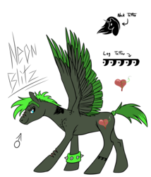 Size: 1800x2100 | Tagged: safe, artist:pampoke, oc, oc only, oc:neon blitz, pegasus, pony, adopted offspring, male, parent:cheese sandwich, parent:pinkie pie, parents:cheesepie, scarred, simple background, solo, spiked wristband, spread wings, stallion, tattoo, transparent background, wings, wristband
