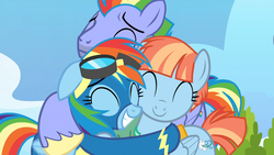 Size: 1920x1080 | Tagged: safe, screencap, bow hothoof, rainbow dash, windy whistles, pony, g4, parental glideance, season 7, ^^, bowabetes, clothes, cute, dashabetes, eyes closed, father and child, father and daughter, female, happy, hug, husband and wife, male, mare, mother and child, mother and daughter, rainbow dash's parents, smiling, stallion, sweet dreams fuel, trio, uniform, windybetes, wonderbolts uniform