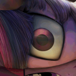Size: 409x409 | Tagged: safe, artist:chryseum, artist:equum_amici, twilight sparkle, pony, unicorn, derpibooru, g4, animated, cinemagraph, close-up, creepy, eye, eye shimmer, female, gif, juxtaposition, looking at you, mare, meta, nightmare fuel, open mouth, smiling, solo, uncanny valley, wide eyes