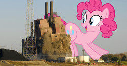 Size: 2600x1365 | Tagged: safe, artist:slb94, artist:theotterpony, pinkie pie, earth pony, pony, g4, butt bump, butt smash, demolition, giant pony, highrise ponies, irl, macro, photo, ponies in real life, solo, story included