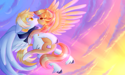 Size: 3000x1800 | Tagged: safe, artist:x-piiu, oc, oc only, pegasus, pony, commission, female, flying, kissing, looking at each other, male, mare, oc x oc, shipping, stallion, straight