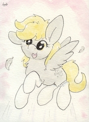 Size: 688x952 | Tagged: safe, artist:slightlyshade, derpy hooves, pony, g4, clothes, feather, female, socks, solo, traditional art
