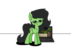 Size: 1500x1101 | Tagged: safe, oc, oc only, oc:filly anon, pony, computer, female, filly, runescape, simple background, solo, unimpressed, white background