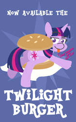 Size: 872x1393 | Tagged: safe, artist:threetwotwo32232, twilight sparkle, alicorn, pony, g4, advertisement, buns, burger, butt, female, food, mare, plot, solo, text, tongue out, twilight burgkle, twilight sparkle (alicorn)