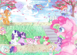 Size: 1530x1098 | Tagged: safe, artist:windymils, apple bloom, applejack, bon bon, derpy hooves, fluttershy, lyra heartstrings, pinkie pie, princess celestia, rainbow dash, rarity, scootaloo, starlight glimmer, sweetie belle, sweetie drops, twilight sparkle, alicorn, pony, g4, cutie mark crusaders, kite, kite flying, mane six, pink-mane celestia, sitting, twilight sparkle (alicorn)