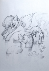 Size: 3182x4603 | Tagged: safe, artist:byannss, discord, fluttershy, draconequus, pegasus, pony, g4, female, high res, male, mare, monochrome, prone, ship:discoshy, shipping, straight, swimming, traditional art, water