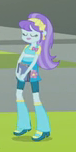 Size: 76x152 | Tagged: safe, screencap, aqua blossom, equestria girls, g4, my little pony equestria girls: rainbow rocks, player piano, background human, boots, bowtie, clothes, compression shorts, cropped, eyes closed, female, flower, headband, high heel boots, notebook, picture for breezies, raised leg, skirt, solo