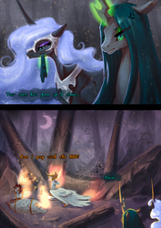 Size: 1240x1753 | Tagged: dead source, safe, artist:begasus, daybreaker, nightmare moon, nightmare star, queen chrysalis, alicorn, changeling, changeling queen, pony, a royal problem, g4, annoyed, day star, dialogue, female, fire, lesbian, log, looking back, mane of fire, mare, misspelling, mundane utility, ship:chrysmoon, shipping, tree, walking campfire