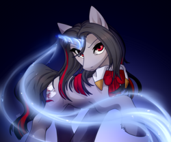 Size: 2432x2020 | Tagged: safe, artist:miioko, oc, oc only, oc:flydry, pony, unicorn, clothes, female, glowing horn, high res, horn, looking at you, magic, mare, raised hoof, red eyes, solo