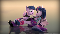 Size: 3840x2160 | Tagged: safe, artist:imafutureguitarhero, twilight sparkle, alicorn, human, pony, equestria girls, g4, 3d, 4k, 4k resolution, adidas, clothes, female, high res, hoodie, horn, human ponidox, leg warmers, looking at each other, lying down, lying on top of someone, mare, multicolored hair, multicolored mane, multicolored tail, on back, open mouth, petting, ponied up, reflection, self paradox, self ponidox, shoes, skirt, smiling, source filmmaker, tracksuit, twilight sparkle (alicorn), wings