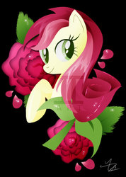 Size: 800x1124 | Tagged: safe, artist:ii-art, roseluck, pony, g4, black background, female, flower, looking back, mare, rose, simple background, smiling, solo