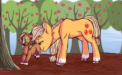 Size: 1024x625 | Tagged: safe, artist:loladotz, applejack, oc, pony, g4, apple orchard, apple tree, blaze (coat marking), coat markings, colt, duo, facial markings, female, male, mare, mother and son, nudging, offspring, parent:applejack, parent:trouble shoes, parents:troublejack, socks (coat markings), story included, unshorn fetlocks, wavy mouth