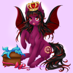 Size: 1024x1024 | Tagged: safe, artist:bunnywhiskerz, oc, oc only, oc:blood fruit, bat pony, pony, crown, female, jewelry, mare, pink background, regalia, simple background, solo