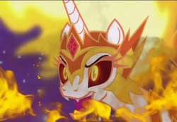 Size: 2075x1440 | Tagged: safe, edit, edited screencap, screencap, daybreaker, pony, a royal problem, g4, burning, evil, female, fire, horn, open mouth, solo
